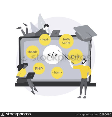 Coding workshop abstract concept vector illustration. Code writing workshop, online programming course, app and games development class, informatics lesson, software development abstract metaphor.. Coding workshop abstract concept vector illustration.