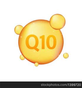 Coenzyme Q10. Gold vector oil icon. Enzyme drop pill capsule. Vector stock illustration. Coenzyme Q10. Gold vector oil icon. Enzyme drop pill capsule. Vector stock illustration.