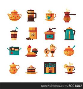 Coffe and Tea Set Icons Flat . Classical tea and coffee icons set with sugar and milk pitcher in warm green brown yellow flat isolated vector illustration