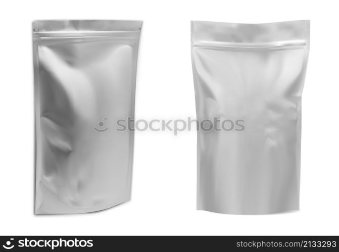 Coffe bag mockup. Foil food pouch vector blank. Realistic silver package template for candy or flour powder. Shiny zip sachet design, gray plastic tea bag mock up illustration. Coffe bag mockup. Foil food pouch vector blank