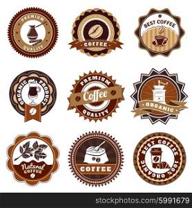 Coffe Emblems Labels Set Brown. Nostalgic best quality premium coffee emblems labels collection for sale vintage brown abstract isolated vector illustration