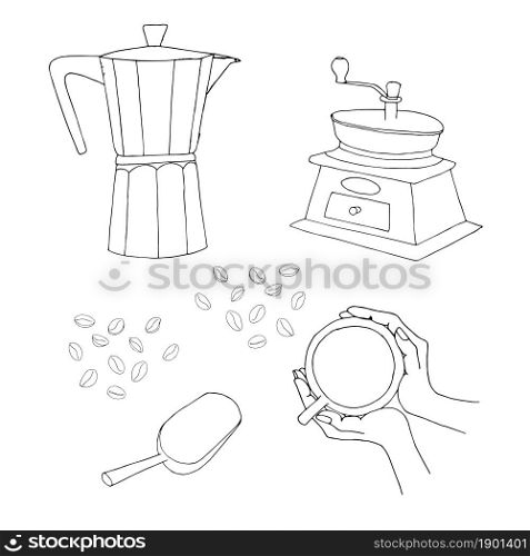 Coffe hand drawn monochrome set. Geyser coffee maker, manual coffee grinder, coffee scoop cup of coffee in hands top view, coffee beans art design stock vector illustration for coffee packaging design, for coffee product design