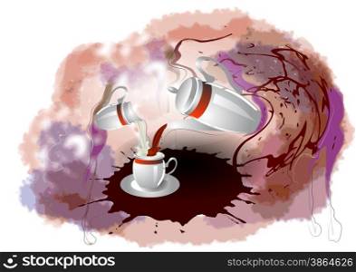 coffe, milk and mug on abstract grunge background