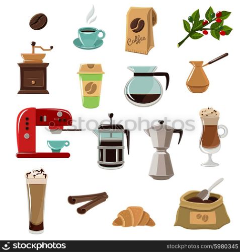 Coffe Retro Flat Icons Set. Vintage classic style coffee set flat icons composition with beans grinder and coffeemaker abstract isolated vector illustration
