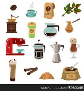 Coffe Retro Flat Icons Set. Vintage classic style coffee set flat icons composition with beans grinder and coffeemaker abstract isolated vector illustration