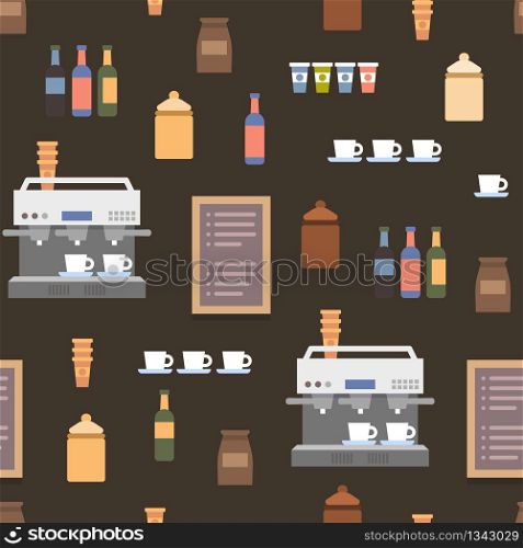 Coffe Shop Flat Set Elements: Steam Vacuum Espresso Coffe Machine, Bean Bag, Paper Cup, Tea Mug, Chalkboard Menu, Bottle Isolated on Black Background. Modern Seamless Cartoon Pattern.. Coffe Shop Flat Elements. Seamless Cartoon Pattern