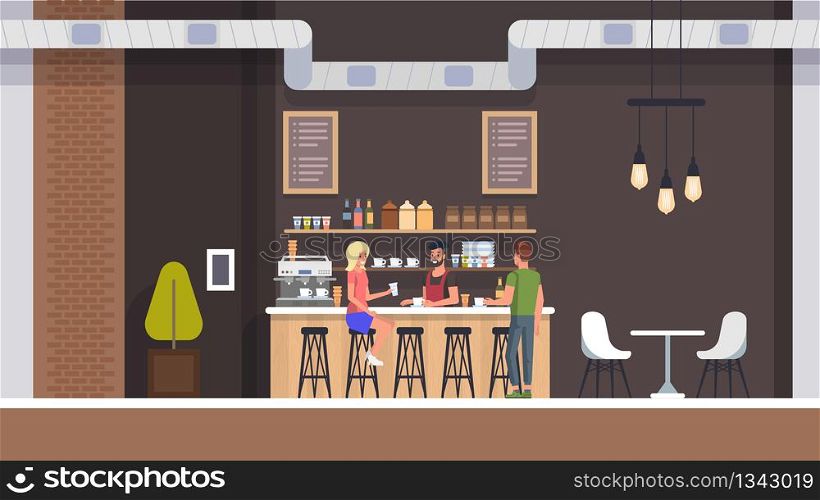 Coffe Shop Interior. Espresso and Cupcake Bar with Barista Character. Modern Cafeteria with Room and Table. Young Girl and Man Drink Espresso or Tea with Dessert. Flat Illustration.. Coffe Shop Interior. People Drinking Latte. Flat.