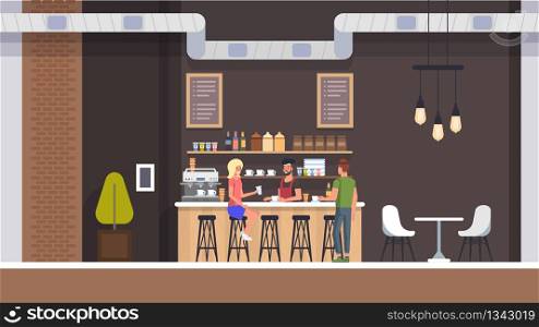 Coffe Shop Interior. Espresso and Cupcake Bar with Barista Character. Modern Cafeteria with Room and Table. Young Girl and Man Drink Espresso or Tea with Dessert. Flat Illustration.. Coffe Shop Interior. People Drinking Latte. Flat.