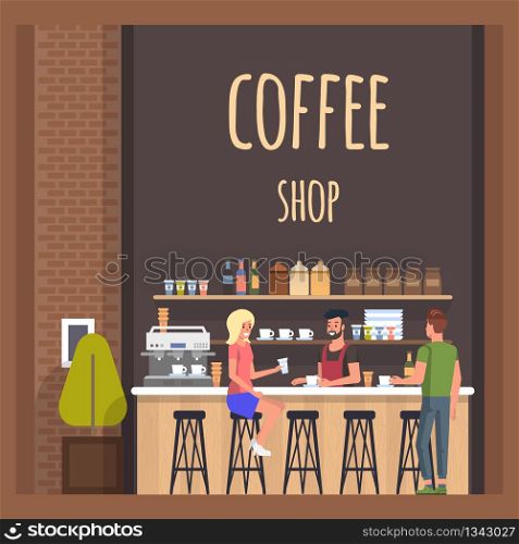 Coffe Shop with Barista and Visitors. Happy Lady and Man Meeting in Cafe and Conversation. Modern Cafeteria with Broun Bar Counter, Cups and Bottles, Espresso, Cappuchino Machine. Flat Banner.. Coffe Shop with Barista and Visitors. Flat Banner