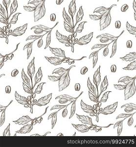 Coffea plant branches seamless pattern. Growing flora with leaves and coffee beans. Natural organic production, agricultural harvesting. Cafe print, monochrome sketch outline, vector in flat style. Coffee beans growing on branches with leaves seamless pattern