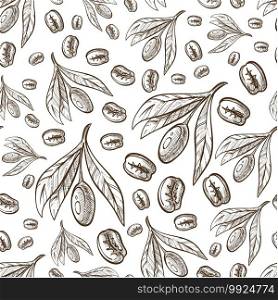 Coffea plant with coffee bean seamless pattern for cafe menu. Plant with ripe seeds, ingredient of hot beverages. Stimulant leaves with caffeine. Monochrome sketch outline, vector in flat style. Coffee beans and leaves of Coffea plant seamless pattern