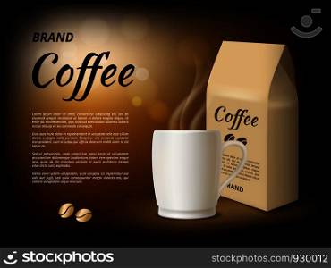 Coffee advertising. Poster design template with illustrations of coffee mug. Vector coffee cup, hot beverage product. Coffee advertising. Poster design template with illustrations of coffee mug