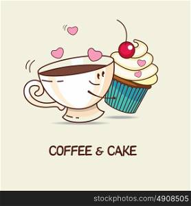 Coffee and cake, love forever. Coffee and cake hug. Comic, cartoon. Vector illustration.