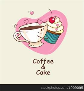 Coffee and cake on the background heart, love forever. Coffee and cake hug. Comic, cartoon. Vector illustration.