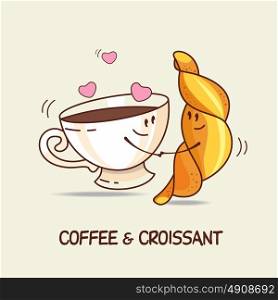 Coffee and croissant, love forever. Comic, cartoon. Vector illustration.