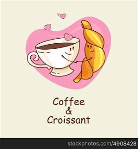 Coffee and croissant, love forever. Vector illustration of a comic. A Cup of coffee and a croissant on a background of hearts.