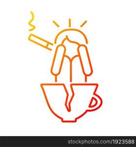 Coffee and nicotine as panic triggers gradient linear vector icon. Cigarettes may lead to anxiety. Mental health. Thin line color symbol. Modern style pictogram. Vector isolated outline drawing. Coffee and nicotine as panic triggers gradient linear vector icon