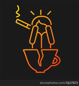 Coffee and nicotine as panic triggers gradient vector icon for dark theme. Cigarettes and caffeine may lead to anxiety. Thin line color symbol. Modern style pictogram. Vector isolated outline drawing. Coffee and nicotine as panic triggers gradient vector icon for dark theme