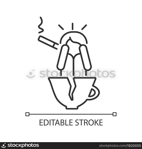 Coffee and nicotine as panic triggers linear icon. Cigarettes and caffeine may lead to anxiety. Thin line customizable illustration. Contour symbol. Vector isolated outline drawing. Editable stroke. Coffee and nicotine as panic triggers linear icon