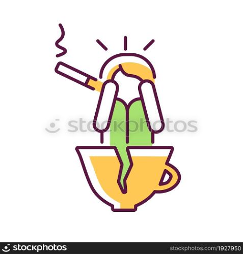 Coffee and nicotine as panic triggers RGB color icon. Cigarettes and caffeine may lead to anxiety. Mental and physical health problems. Isolated vector illustration. Simple filled line drawing. Coffee and nicotine as panic triggers RGB color icon