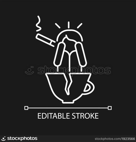 Coffee and nicotine as panic triggers white linear icon for dark theme. Mental problems. Thin line customizable illustration. Isolated vector contour symbol for night mode. Editable stroke. Coffee and nicotine as panic triggers white linear icon for dark theme