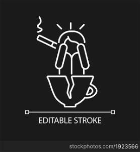 Coffee and nicotine as panic triggers white linear icon for dark theme. Mental problems. Thin line customizable illustration. Isolated vector contour symbol for night mode. Editable stroke. Coffee and nicotine as panic triggers white linear icon for dark theme