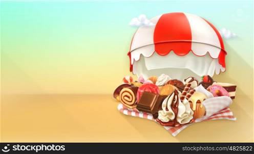 Coffee and pastry shop, confectionery vector background