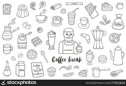 Coffee and sweets. Set of hand drawn vector doodle design elements.