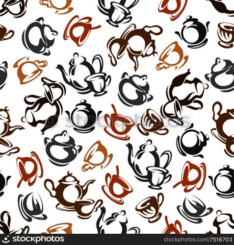 Coffee and tea cups seamless pattern with brown, gray and orange ceramic pots, sugar bowls and cups of hot beverages on white background. For cafe, coffee shop interior and menu page design . Coffee and tea cups seamless pattern