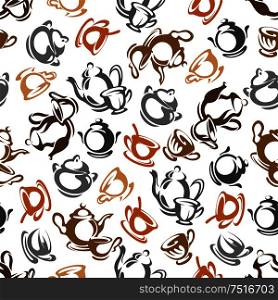 Coffee and tea cups seamless pattern with brown, gray and orange ceramic pots, sugar bowls and cups of hot beverages on white background. For cafe, coffee shop interior and menu page design . Coffee and tea cups seamless pattern