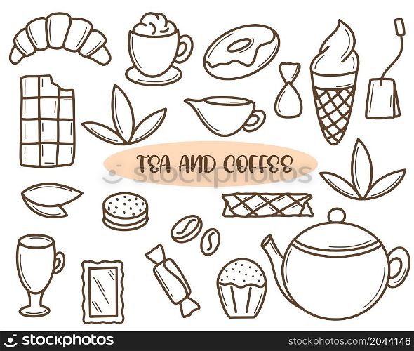Coffee and tea doodle set isolated vector illustration. Collection of tea party attributes hand drawn. Delights, chocolate, biscuits, pastries and ice cream. Coffee and tea doodle set isolated vector illustration