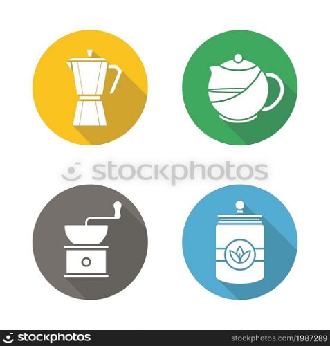 Coffee and tea flat design long shadow icons set. Moka pot, brewing teapot, coffee grinder, tea jar. Vector symbols. Coffee and tea flat design long shadow icons set