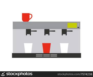 Coffee and tea machine for making drink, steel equipment with cups, caffeine beverage from modern appliance. Flat design of cafe or home tool vector. Coffee and Tea Machine for Making Drink Vector