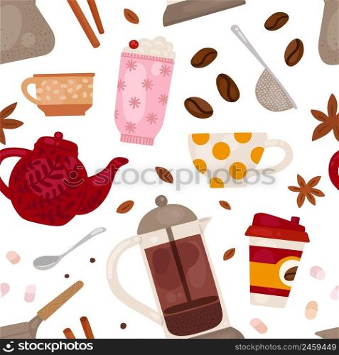 Coffee and tea seamless pattern. Cute hot drinks accessories. Teapot and ceramic cup. Cozy breakfast elements. Aroma beans. Cinnamon and anise. French press. Spoon and cardboard mug. Vector background. Coffee and tea seamless pattern. Hot drinks accessories. Teapot and ceramic cup. Cozy breakfast elements. Aroma beans. Cinnamon and anise. French press. Spoon and mug. Vector background