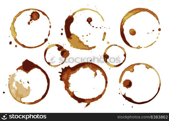 Coffee and tea stains left by cup bottoms set. Round dirty imprints from hot drinks isolated cartoon flat vector illustrations on white background.. Coffee and Tea Stains Left by Cup Bottoms Set