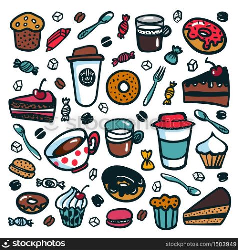Coffee background. Colorful doodle style cartoon set of objects on coffee theme. Coffee cups and desserts on white background. Exellent for menu design and cafe decoration. Vector illustration. Coffee background. Colorful doodle style cartoon set of objects on coffee theme. Coffee cups and desserts on dark background. Exellent for menu design and cafe decoration. Vector illustration.