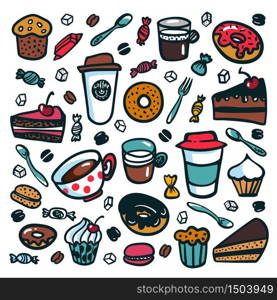 Coffee background. Colorful doodle style cartoon set of objects on coffee theme. Coffee cups and desserts on white background. Exellent for menu design and cafe decoration. Vector illustration. Coffee background. Colorful doodle style cartoon set of objects on coffee theme. Coffee cups and desserts on dark background. Exellent for menu design and cafe decoration. Vector illustration.