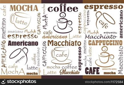 Coffee Background Different Blends and Types. Seamless coffee pattern.Templates with coffee for flyers, banners, invitations, restaurant or cafe menu design.