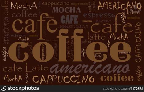 Coffee Background Different Blends and Types. Sketchy coffee icons and words