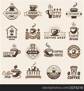 Coffee badges. Kitchen logo for hot drinks fresh liquid products mugs with beans stylized recent vector set. Illustration coffee badge cup, restaurant logo. Coffee badges. Kitchen logo for hot drinks fresh liquid products mugs with beans stylized recent vector set