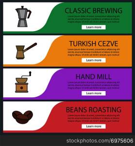 Coffee banner templates set. Hand mill, moka pot, coffee beans, turkish cezve. Website menu items. Color web banner. Vector headers design concepts. Coffee banner templates set