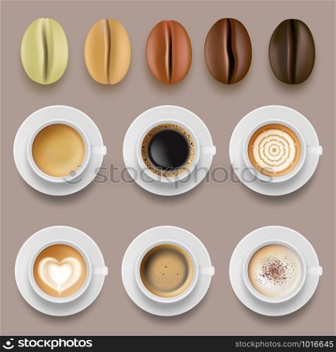 Coffee beans and cups. Hot drinks arabica coffee roast agricultural vector collection. Illustration of arabica coffee, cup of cafe. Coffee beans and cups. Hot drinks arabica coffee roast agricultural vector collection