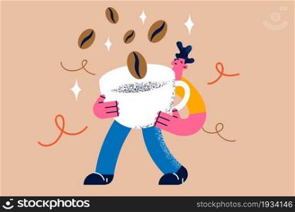 Coffee beans and Energy concept. Young smiling man cartoon character barista walking holding huge coffee beans in cup vector illustration . Coffee beans and Energy concept