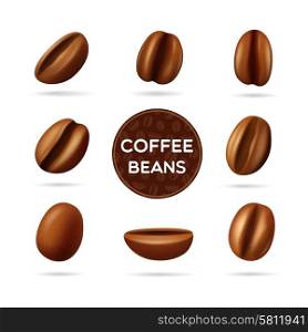 Coffee beans concept set. Dark roasted coffee beans set in different positions and round label concept vector illustration