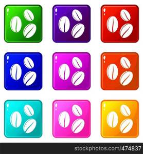 Coffee beans icons of 9 color set isolated vector illustration. Coffee beans icons 9 set