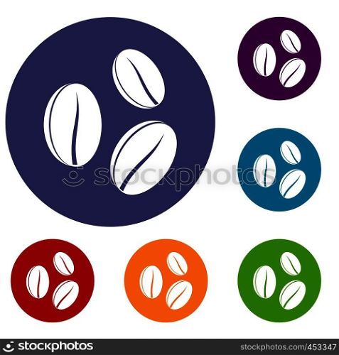 Coffee beans icons set in flat circle reb, blue and green color for web. Coffee beans icons set