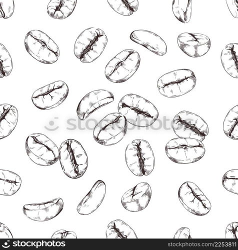 Coffee beans pattern. Seamless print of hand drawn roasted Arabica various caffeine seeds. Engraved morning drink organic ingredient. Espresso grains background. Vector cafe and coffeeshop wallpaper. Coffee beans pattern. Seamless print of hand drawn roasted Arabica various seeds. Engraved morning drink ingredient. Espresso grains background. Vector cafe and coffeeshop wallpaper