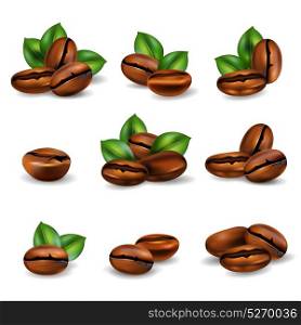 Coffee Beans Realistic Set. Roasted coffee beans with leaves realistic set isolated on white background vector illustration
