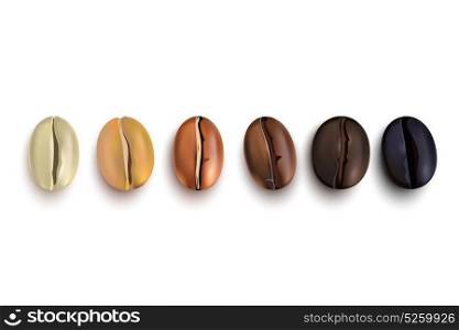Coffee Beans Roast Stages. Coffee beans realistic set showing various stages of roasting isolated on white background vector illustration