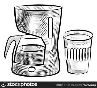 Coffee beverage poured in plastic cup vector, monochrome sketch outline set. Colorless drink in coffeemaker machine with glass pot flat style takeout. Coffee Making Machine and Plastic Cup Monochrome